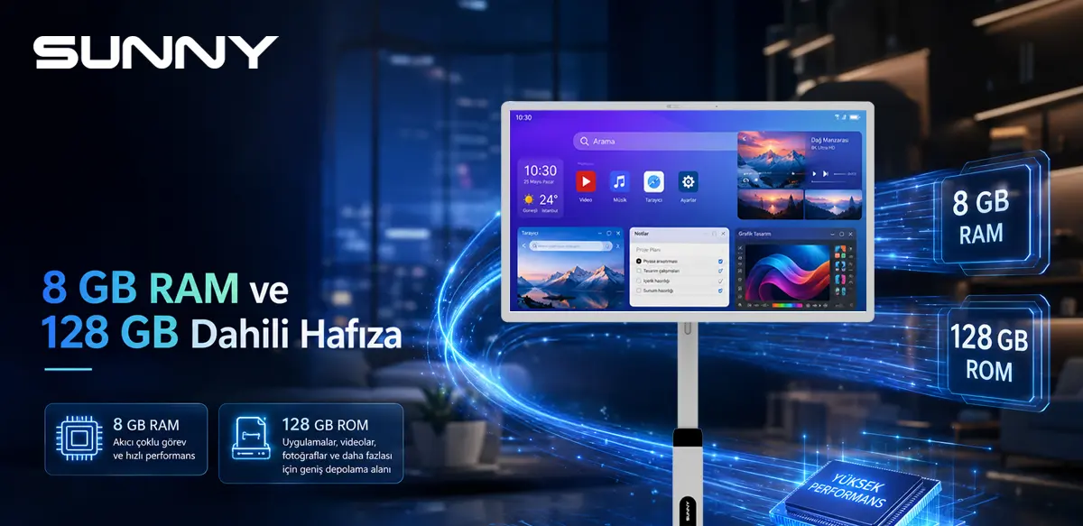 Sunny akıllı monitör 8 çekirdek işlemci 8 GB RAM 128 GB hafıza