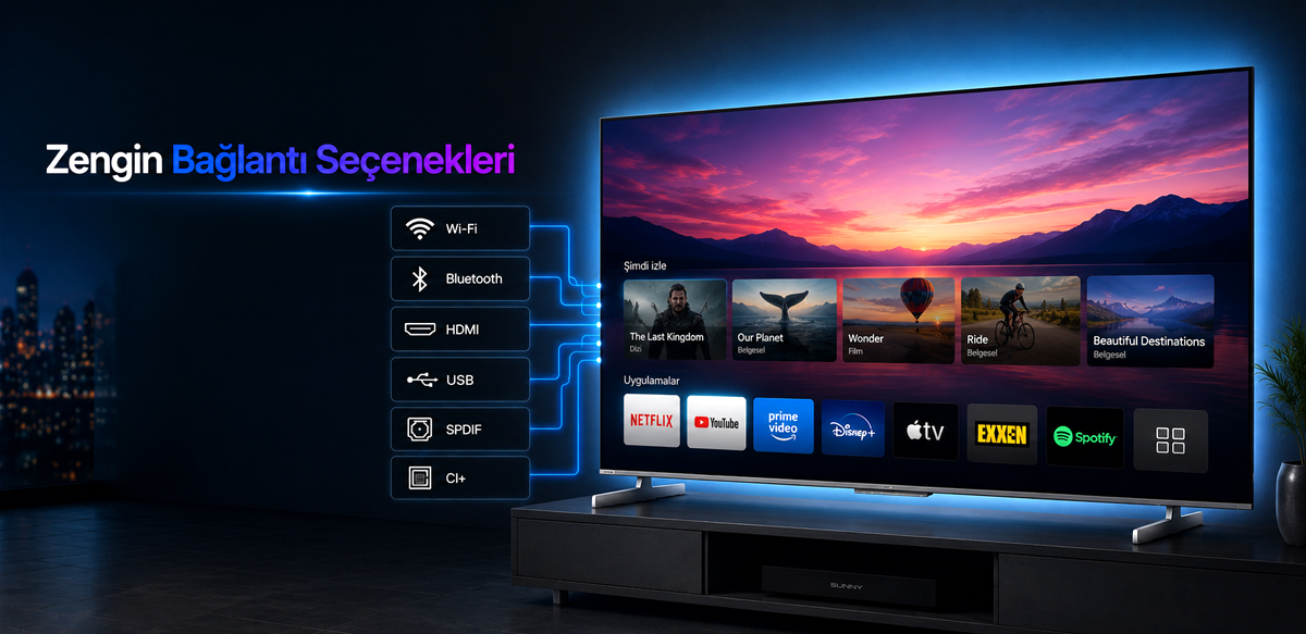 Wi-Fi, Bluetooth, HDMI, USB, SPDIF ve CI+ bağlantı seçenekleri
