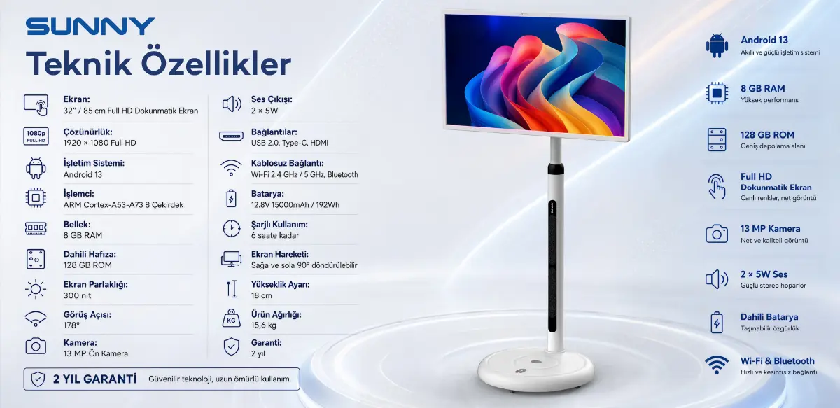 Sunny 32 inç SN32FMTR-A13B Full HD Android Smart Taşınabilir Monitör